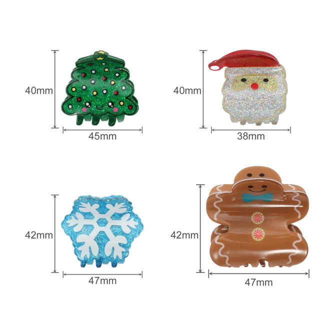 Four Christmas-themed hair claws in the shapes of a tree, Santa, a snowflake, and a gingerbread man, featuring green, red, blue, and brown colours.