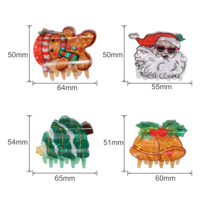 Christmas-themed hair claws in various shapes: a reindeer, Santa, a Christmas tree, and a bell, featuring vibrant colours.