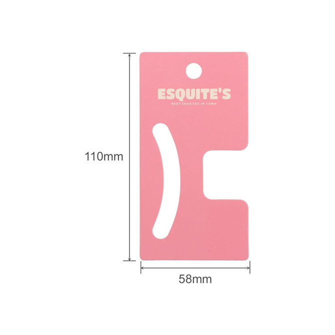 A pink product card featuring a cut-out design, with a logo at the top and dimensions shown.