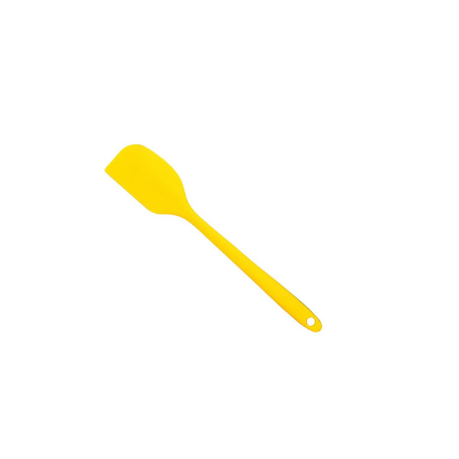A yellow spatula with a flat head and a long handle, featuring a hole for easy hanging.