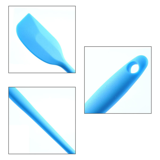 A blue spatula with a flat head and a handle featuring a hole for hanging. The spatula has a smooth finish.
