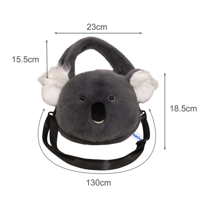 A grey plush handbag in the shape of a koala, featuring ears and a shoulder strap. Dimensions included in the image.