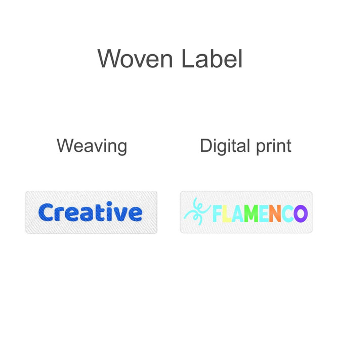 A woven label displaying the word "Creative" in blue and a digital print label with "FLAMENCO" in multicolours.