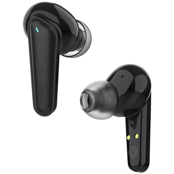 Black wireless earbuds with a glossy finish, featuring a logo and a silicone tip for comfort.