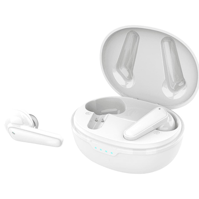 White wireless earbuds in a charging case, displayed open with one earbud outside and a visible logo on the case.