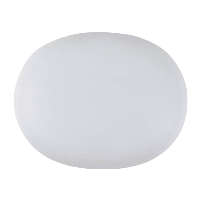 A pair of white earbuds in a rounded charging case, with a subtle logo displayed on the case's surface.