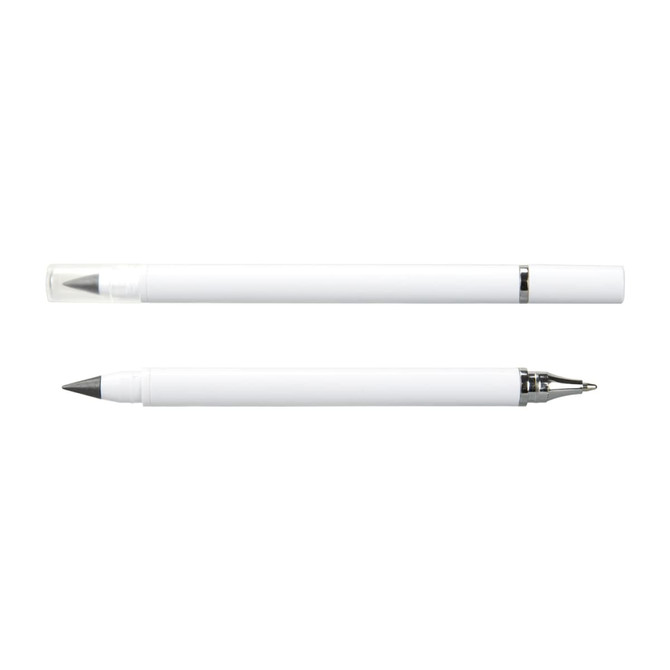 A dual-tip pen in white, showcasing both a fine tip and a marker tip, with a clear cap and metal clip.