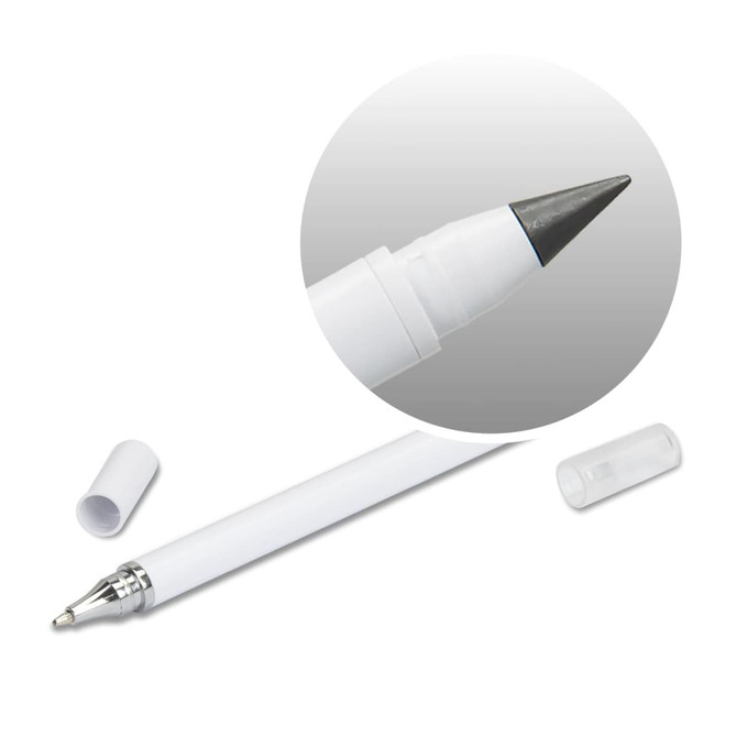 A white dual-tip pen featuring a black ink tip and a removable cap, with a silver accent on the barrel.
