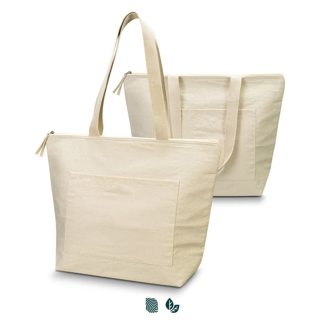 A cream cotton cooler tote with a zippered closure and long handles, featuring a front pocket. It has a logo.