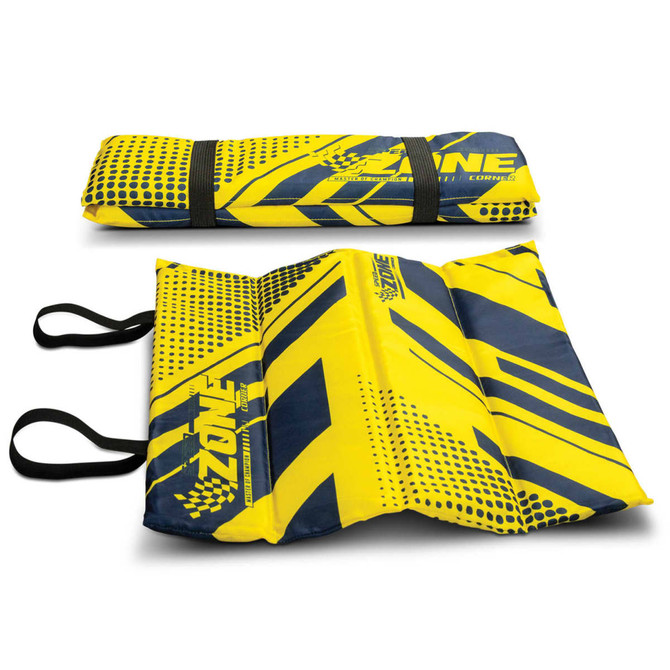 A foldable stadium cushion in yellow and navy blue with a branded logo and attachment straps.