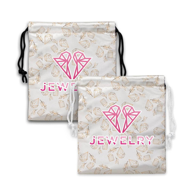 A small satin gift bag in white with a repeating pattern and a logo, featuring pink and gold accents.