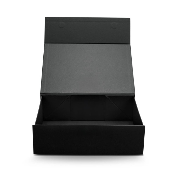 A medium black magnetic lid gift box with a spacious open interior and compartmental sections.