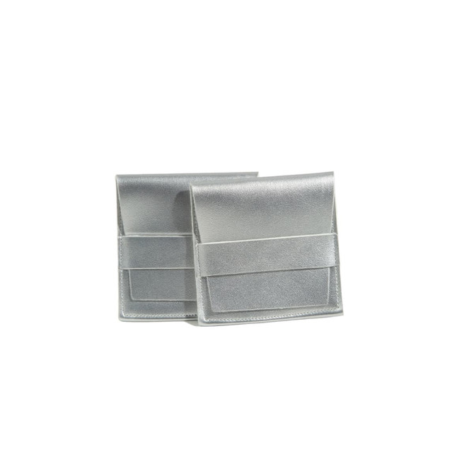 A silver PU leather flip jewelry pouch featuring a secure strap and soft texture, with two pouches in the image.