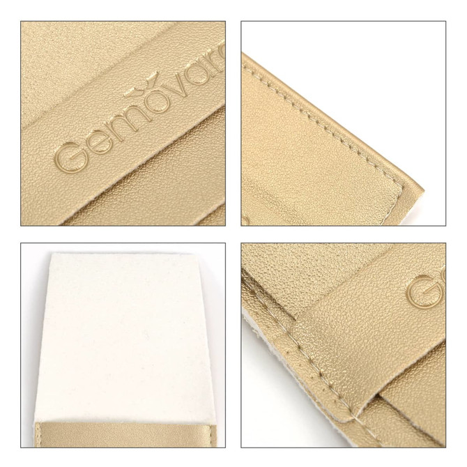 A gold PU leather flip jewelry pouch with a textured surface and a branding logo. It includes a white box.