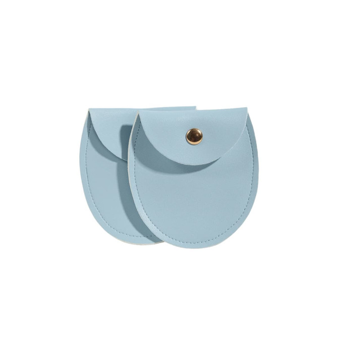 A light blue oval PU leather jewelry pouch with a snap closure, featuring a gold-toned button.