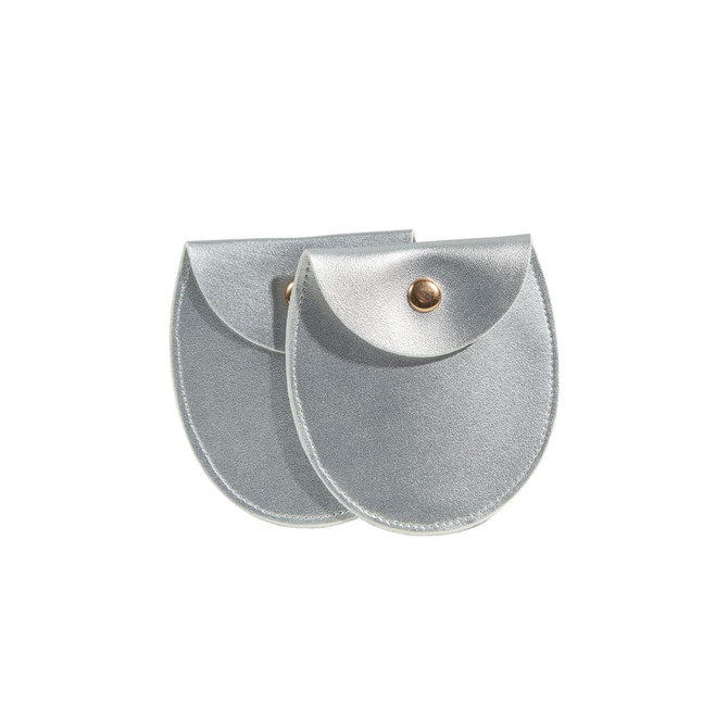 A silver oval PU leather jewelry pouch with a snap closure, featuring a smooth finish and a modest design.
