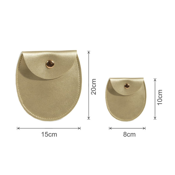 An oval gold PU leather jewelry pouch with a snap closure, featuring two sizes: 20cm and 10cm.
