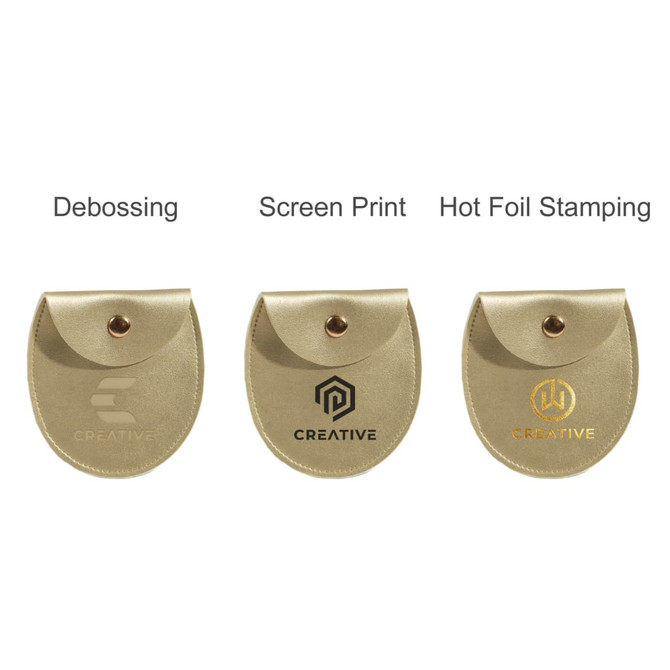 An oval gold PU leather jewelry pouch with three different styles of branding options displayed.