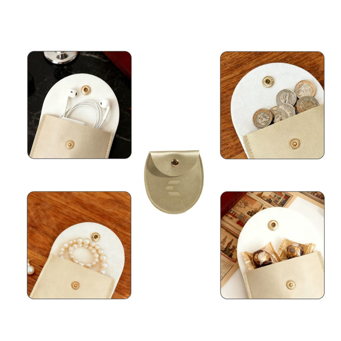 An oval PU leather jewellery pouch in cream, featuring a snap closure and various compartments for storage.