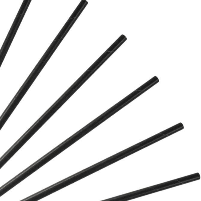 A set of black, disposable 3-ply straight drinking paper straws arranged in a fan-like pattern.