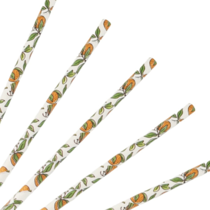 A set of custom disposable 3-ply drinking paper straws with a floral and orange design on a white background.