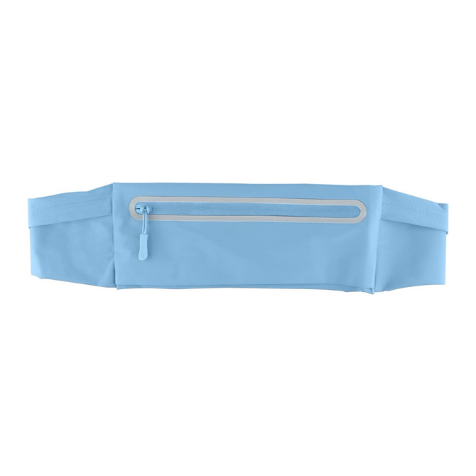 A light blue sports running belt bag with a zippered pocket and adjustable straps. Features a logo.