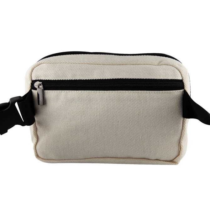A beige cotton belt bag with a black zipper and adjustable strap, featuring a logo on the front.
