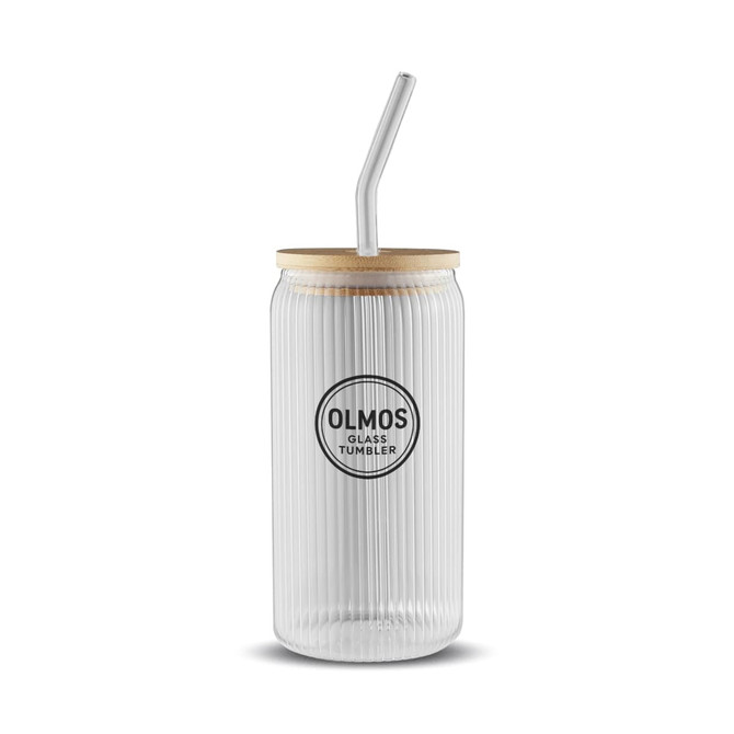 A glass tumbler with a ribbed design, wooden lid, and reusable straw. It features a logo.