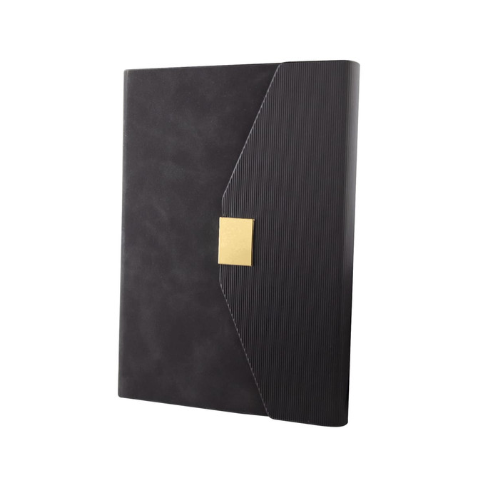A black notebook with a textured cover and a gold clasp. The design features a unique angled flap and branding.