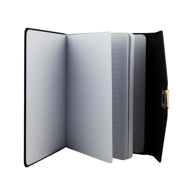 A black notebook with a clasp, featuring blank and lined pages inside. It has a simple, sleek design.