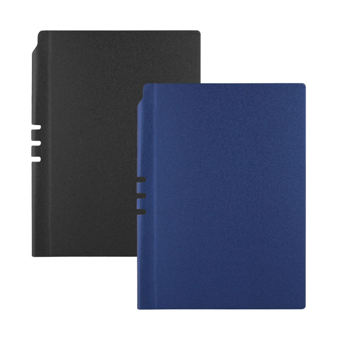 A set of two notebooks in black and navy blue, featuring a smooth finish and one with a logo.