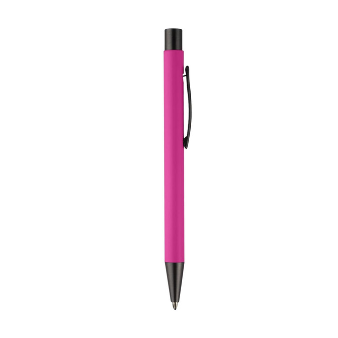A pink metal pen with a black clip and tip, featuring a simple design and a logo on the barrel.