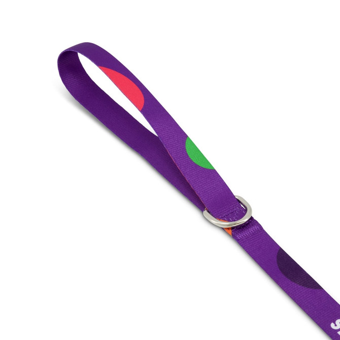 A purple dog lead featuring colourful patterns and a metal ring for attachment. It has a smooth fabric texture.
