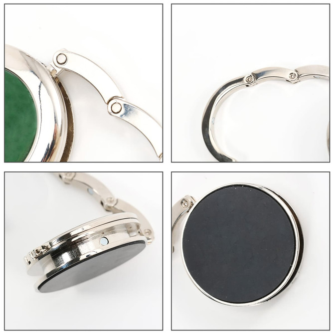 A foldable desk hook with a mirror, featuring a metallic finish and a round design in silver.