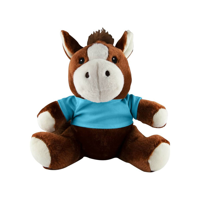 A brown and white horse plush toy wearing a blue shirt, featuring large, friendly eyes and a tufted mane.