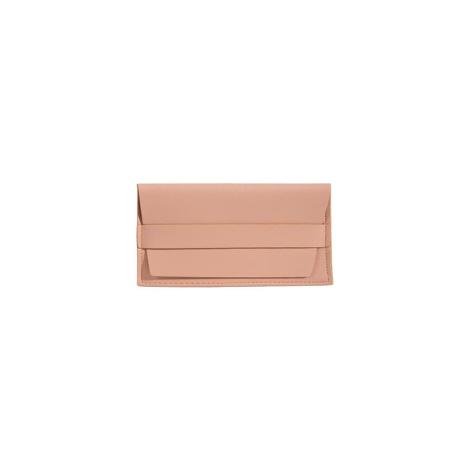 A soft pink PU leather glasses pouch with a folded flap closure and a logo.