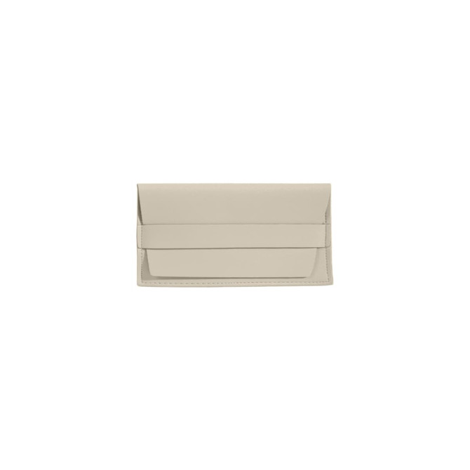 A PU leather glasses pouch in a light beige colour, featuring a flap closure and a logo.