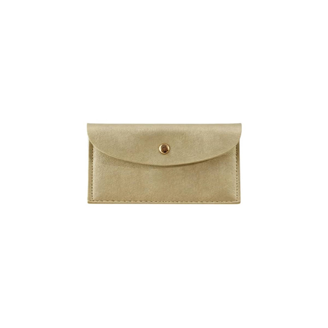 A gold PU leather glasses pouch with a snap closure and stitched detailing. It features a logo on the front.