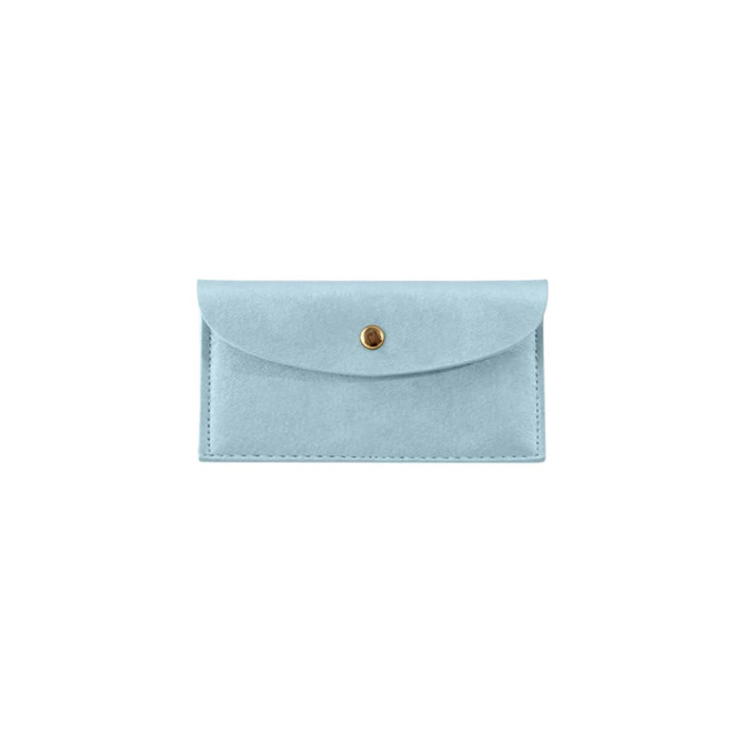 A light blue PU leather glasses pouch with a gold snap button closure and stitched detailing. It has a logo.