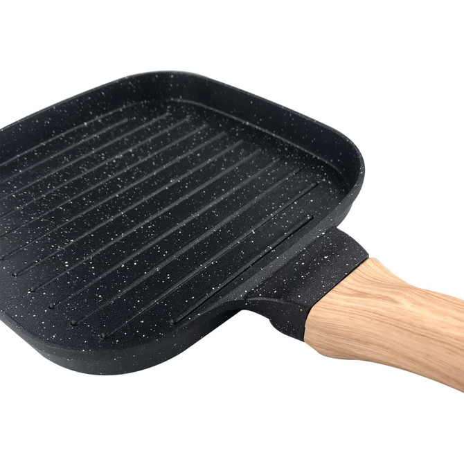 A gourmet non-stick square grill pan featuring a black surface with a speckled design and a wooden handle.