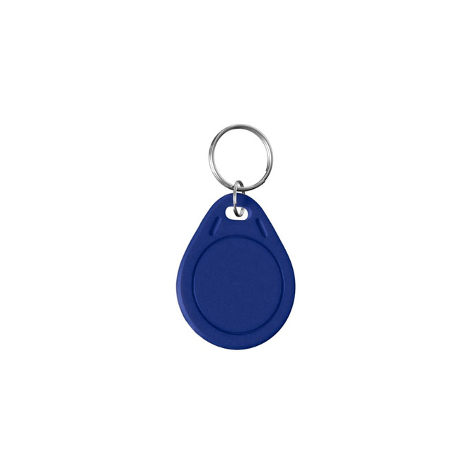 A blue NFC keytag with a keyring attachment, featuring a simple, rounded design.