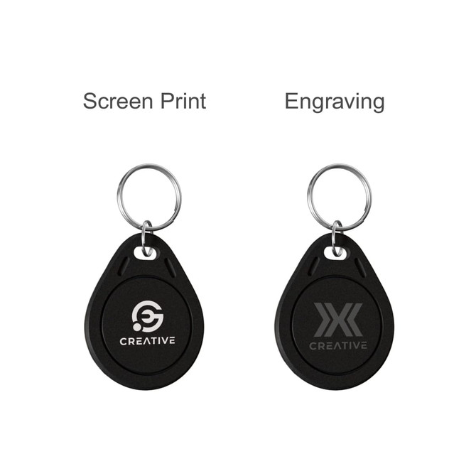 NFC keytags with keyring in black, featuring options for screen print and engraving designs.