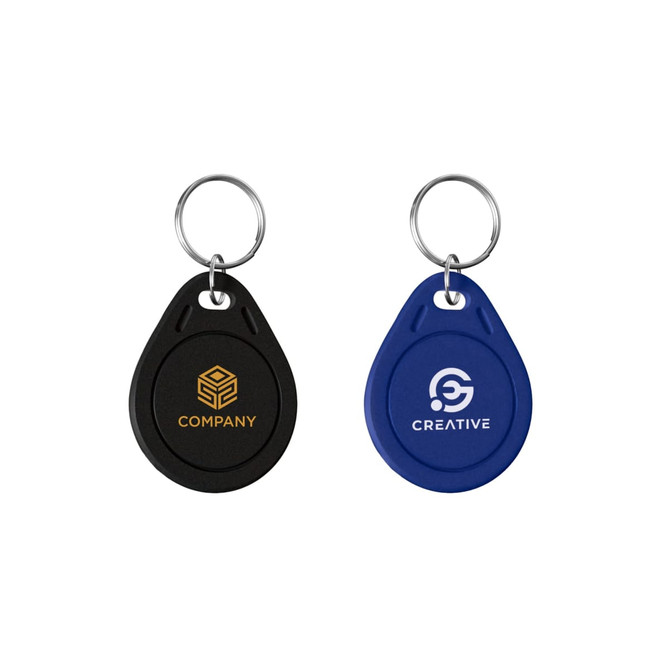 NFC keytags in black and blue, each with a keyring and featuring a logo on one side.