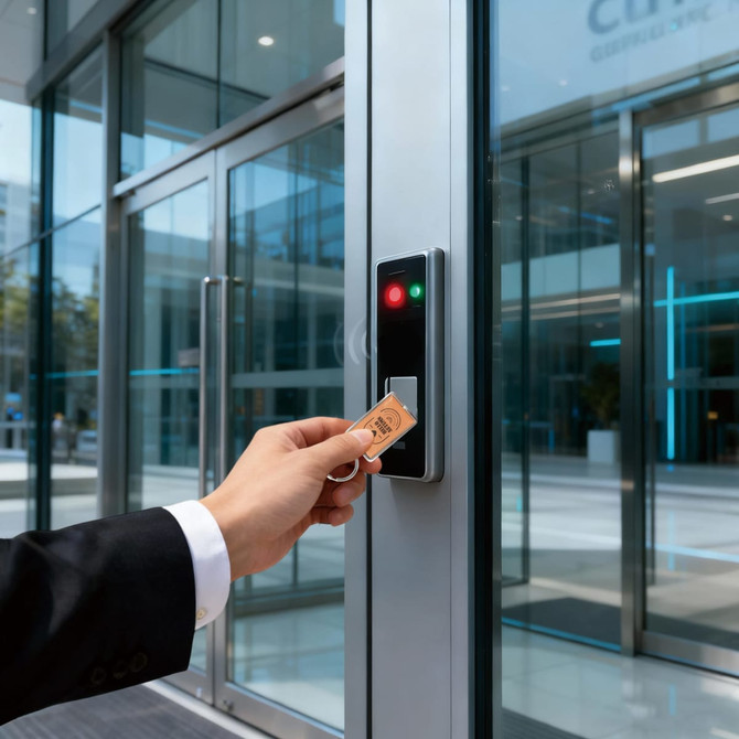 A hand holding a NFC epoxy square tag with metal keyring near a digital access control reader on a glass door.