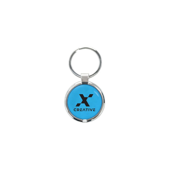 A round NFC epoxy tag in bright blue with a silver metal keyring and logo.
