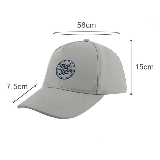 A grey PU leather baseball cap with a curved brim and a logo on the front, featuring measurements in centimetres.