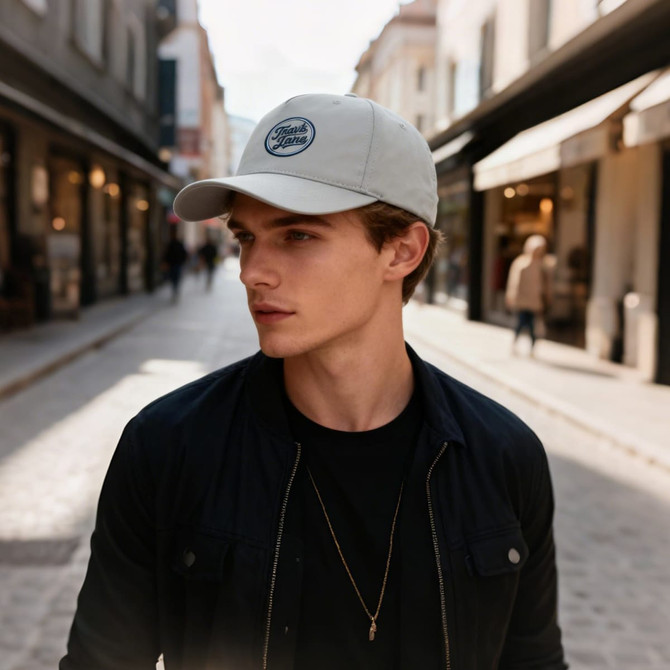 A grey PU leather baseball cap with a logo, worn by a young man in a stylish urban setting.