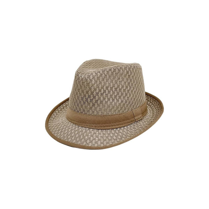 A breathable top hat in tan, featuring a mesh design and a brown band around the base. It has a logo on one side.