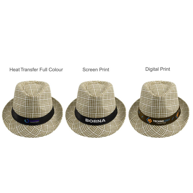 A breathable woven straw hat in beige with different band designs. Each hat features a logo on the band.