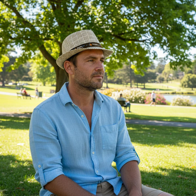 A man wearing a breathable woven straw hat sits in a park on a sunny day, surrounded by greenery.
